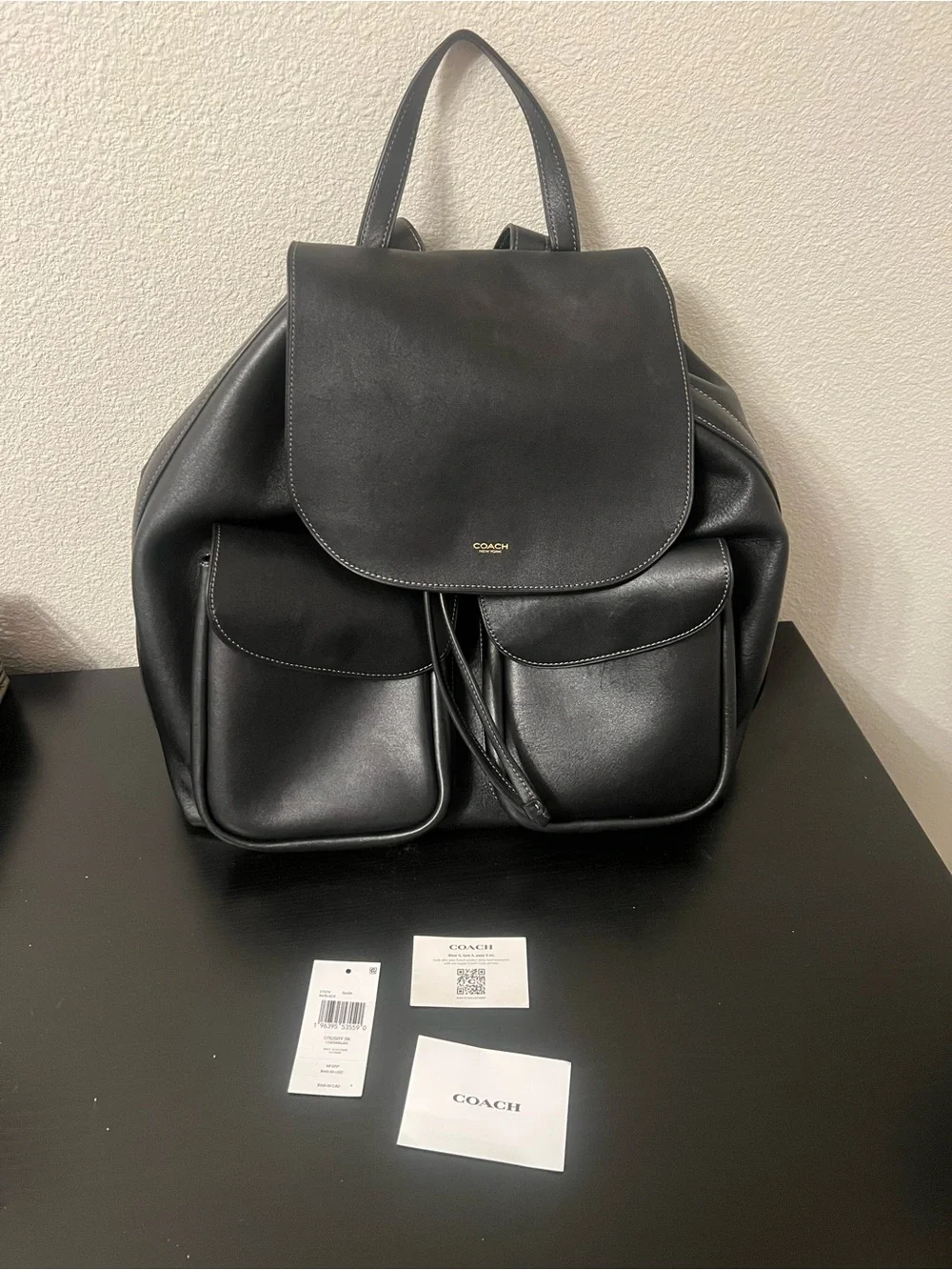 Coach Crosby Black Leather Flap Backpack with Front Pockets
